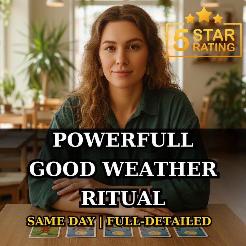 May include: A woman with long wavy hair sits at a table with tarot cards. The image includes the text "POWERFULL GOOD WEATHER RITUAL" and "5 STAR RATING". The bottom of the image reads "SAME DAY | FULL-DETAILED".