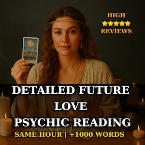 May include: A woman holding a tarot card with a crescent moon design. The image includes text that reads "HIGH REVIEWS", "DETAILED FUTURE LOVE PSYCHIC READING", and "SAME HOUR | +1000 WORDS". The woman is wearing a gold headband and earrings.