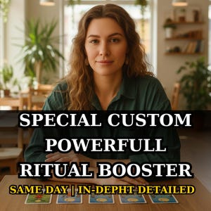 May include: A woman with long brown hair sits at a table with tarot cards. The image has text that reads "SPECIAL CUSTOM POWERFULL RITUAL BOOSTER SAME DAY | IN-DEPT DETAILED". The woman is wearing a dark green shirt.