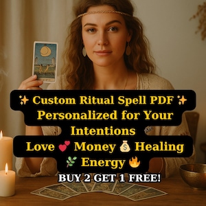 Puede incluir: Una mujer sosteniendo una carta del tarot con un diseño de media luna. La imagen incluye el texto "Custom Ritual Spell PDF Personalized for Your Intentions Love Money Healing Energy BUY 2 GET 1 FREE!"