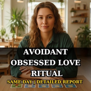 Könnte beinhalten: Eine Frau in einem grünen Hemd sitzt an einem Tisch mit Tarotkarten. Der Text auf dem Bild lautet "Avoidant Obsessed Love Ritual" und "Same Day | Detailed Report". Der Hintergrund zeigt Pflanzen und ein Café-Setting.