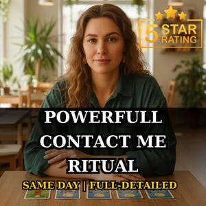 May include: A woman with long, wavy hair and a green shirt sits at a wooden table. The image includes text that reads "POWERFULL CONTACT ME RITUAL" and "5 STAR RATING". Four tarot cards are laid out on the table. The text "SAME DAY | FULL-DETAILED" is also present.