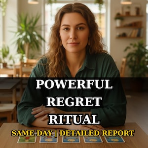 May include: A woman in a green shirt sits at a wooden table with tarot cards. The text on the image reads "POWERFUL REGRET RITUAL" and "SAME DAY | DETAILED REPORT". The background includes plants and a cafe setting.