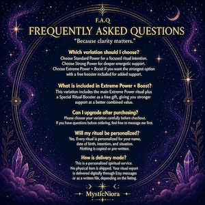 May include: A digital graphic with the text "F.A.Q FREQUENTLY ASKED QUESTIONS" in gold lettering. The graphic includes information about ritual variations, personalization, and delivery methods. The background is a dark blue with celestial elements.