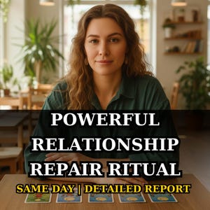 Puede incluir: Una mujer con una camisa verde está sentada en una mesa con cartas del tarot. El texto de la imagen dice "POWERFUL RELATIONSHIP REPAIR RITUAL" y "SAME DAY | DETAILED REPORT". El fondo muestra un café con plantas.