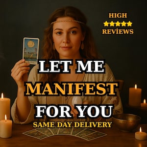 May include: A woman holding a tarot card with a crescent moon design. The image features the text "LET ME MANIFEST FOR YOU" and "HIGH REVIEWS". Lit candles and a bowl are on a wooden table.