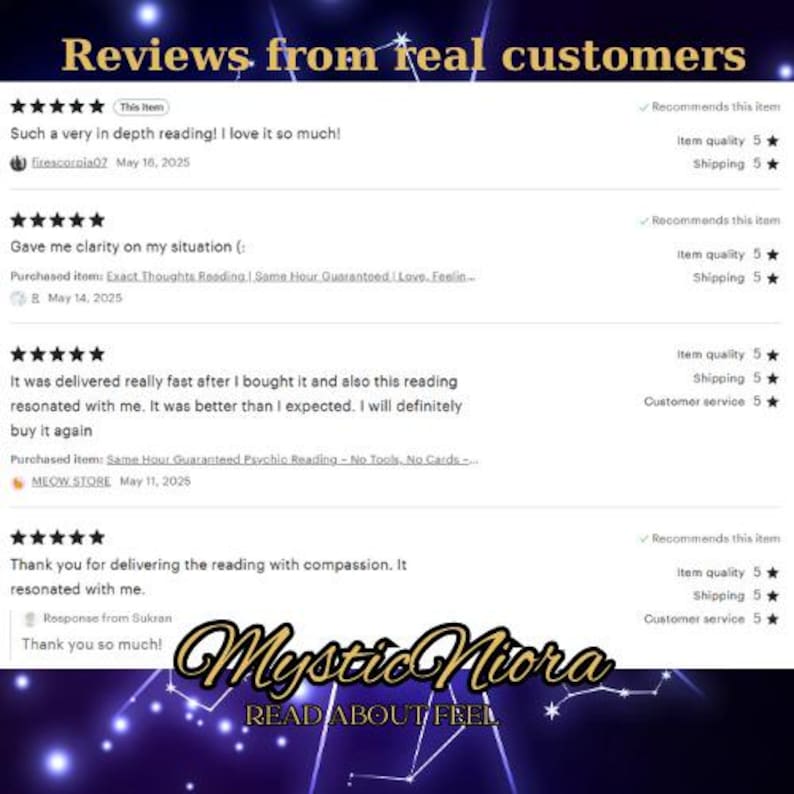 Puede incluir: Imagen que muestra rese&ntilde;as de clientes para Mystic Niora, con un fondo celestial. Las rese&ntilde;as son positivas, con clientes que elogian la profundidad y claridad de las lecturas. El logotipo y el lema "READ ABOUT FEEL" tambi&eacute;n son visibles.