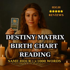 Puede incluir: Una mujer sosteniendo una carta del tarot con un diseño de luna creciente. La imagen incluye el texto "DESTINY MATRIX BIRTH CHART READING" y "HIGH REVIEWS". Varias velas encendidas están sobre la mesa.