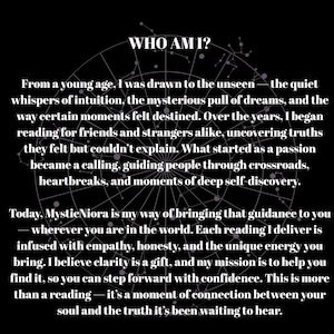 Puede incluir: Fondo negro con texto blanco que dice "WHO AM I?" y una descripci&oacute;n de los servicios de Mystic Niora. El texto describe la intuici&oacute;n, los sue&ntilde;os y la orientaci&oacute;n ante los desaf&iacute;os de la vida.
