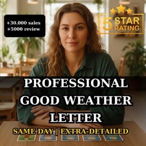 May include: A person with long wavy brown hair wearing a dark green shirt sits at a wooden table with five tarot cards laid out. Text overlays include +30.000 sales, +5000 review, 5 STAR RATING, PROFESSIONAL GOOD WEATHER LETTER, and SAME DAY | EXTRA-DETAILED.