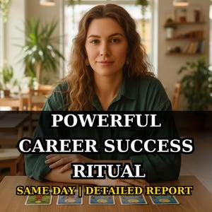 May include: A woman in a green shirt sits at a table with tarot cards. The text on the image reads "POWERFUL CAREER SUCCESS RITUAL" and "SAME DAY | DETAILED REPORT". The background includes a restaurant setting with plants.