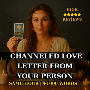 May include: A woman holding a tarot card with a crescent moon design. The image includes text that reads "CHANNELED LOVE LETTER FROM YOUR PERSON" and "HIGH REVIEWS". The background is dark with lit candles.