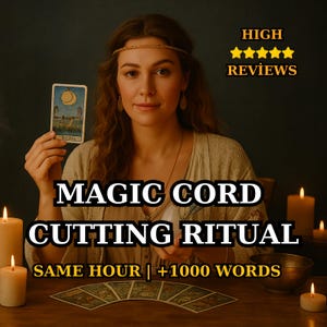 May include: A woman holding a tarot card, with the text "MAGIC CORD CUTTING RITUAL" and "SAME HOUR | +1000 WORDS". The image also includes the text "HIGH REVIEWS" with five stars, candles, and a bowl.