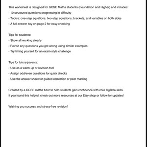 以下が含まれることがあります： GCSE数学「一次方程式の解き方 - スタートパック」ワークシートのガイドと情報です。このワークシートには、難易度が段階的に上がる10の構造化された問題が含まれており、1段階と2段階の式、括弧、両辺の変数を扱っています。また、ページ2には、簡単に確認できるように、完全な解答キーも含まれています。