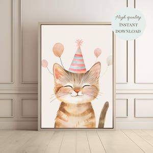 Póster imprimible de cumpleaños de gato: adorable gatito con gorro de fiesta y globos, decoración para habitación infantil, descarga instantánea (tamaño A4, A3, 8 x 10)