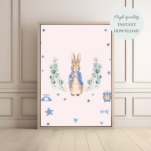 Arte imprimible de Peter Rabbit para habitación de bebé: decoración para habitación de niño, póster de conejito azul, estilo de estadísticas de nacimiento, tamaño A4, A3, 8 x 10 x 11 x 14, descarga instantánea