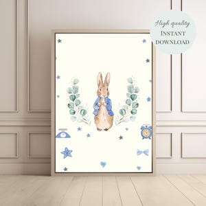 Arte de pared imprimible para habitación de bebé Peter Rabbit / Decoración para habitación de bebé niño / Póster de animales del bosque azul / 8x10, 11x14, A4, A3, 16x20, Descargar