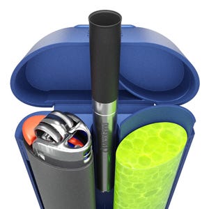May include: A blue, clamshell-style case containing a black and silver vape pen, a silver lighter with an orange button, and a green, textured cylinder. The vape pen has the text "MicroGland" printed on it.