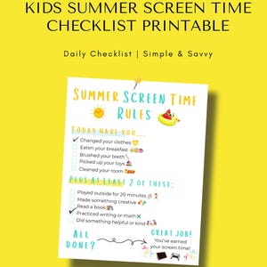 Kids Screen Time Checklist Printable | Daily Routine Chart for Summer | Digital Download for Moms | Kids Summer Checklist
