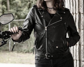 Customized Rockstar Women’s Motorcycle Leather Jacket – Classic Biker Style Moto Coat | Winter Riding Jacket |Gift for Girls, Ladies