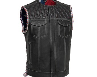 Perforated Leather Motorcycle Vest: Men's Club Style with USA Flag Lining