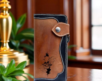 Slim Leather Breast Wallet: Minimalist Card Holder - Cognac Black-Skull