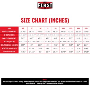 May include: A size chart in inches for clothing, with measurements for chest, waist, across-shoulder, and sleeve length. The chart includes sizes from XS to 5XL. The text "MFG FIRST CO" is at the top.