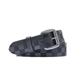 May include: A black checkered belt with a silver-colored buckle. The belt is made of a textured material and features a classic design. The belt is approximately 1.5 inches wide.