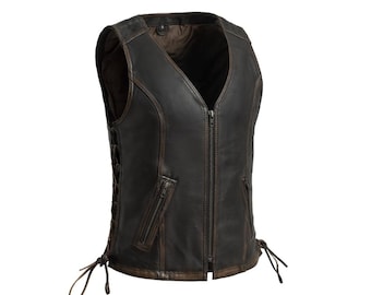 May include: A distressed brown leather vest with a V-neck and a full-length zipper. The vest features side lacing details and two zippered pockets. The leather has a worn, vintage appearance.