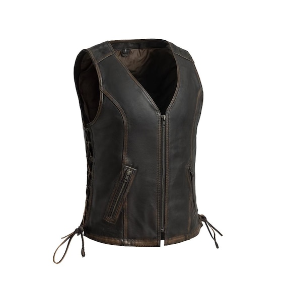 Women's Motorcycle Leather Vest:Brown Beige Cowhide Riding Vest,fashion leather vest,women’s leather-style lace-up vest (biker/fashion vest)