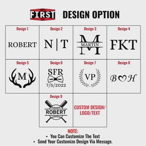 May include: A graphic showing nine design options for customization. Designs include initials, names, and symbols like antlers, a bow tie, and baseball bats. Text includes "ROBERT", "MARTIN", "SFR", "VP", "FKT", "B♡H", and "7/5/2022".