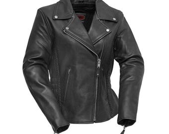 May include: Black leather jacket with an asymmetrical zipper closure, notched lapels, and a braided design along the sleeves and sides. The jacket has a classic biker style with silver hardware and a tailored fit.