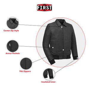 May include: Black leather jacket with a center zip style, armor pockets, Ykk zippers, and an insulated liner. The jacket has a collar and a ribbed hem and cuffs. The logo "MFG FIRST CO" is at the top.
