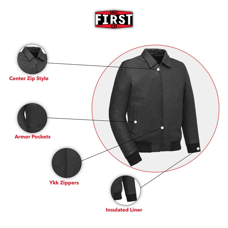 May include: Black leather jacket with a center zip style, armor pockets, Ykk zippers, and an insulated liner. The jacket has a collar and a ribbed hem and cuffs. The logo "MFG FIRST CO" is at the top.