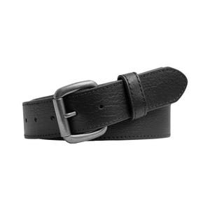 May include: A black leather belt with a silver-colored buckle. The belt has a textured surface and a single belt loop. The buckle is rectangular with a rounded edge.