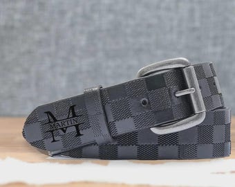 Custom Men’s Leather Belt, Handmade Squares Engraved Belt, Gifts for Him, Winter Gift for Him, Christmas Gift, and New Year Gifts