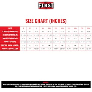 May include: A size chart in inches for clothing measurements. The chart includes sizes S through 8XL, with measurements for chest, waist, and center back length. The text at the top reads "MFG FIRST CO". A note at the bottom advises to measure your chest or stomach.
