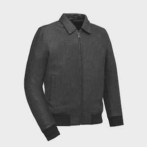 May include: A dark gray leather jacket with a collared neckline and a full-length zipper. The jacket features a ribbed knit hem and cuffs. The jacket has a classic bomber style.