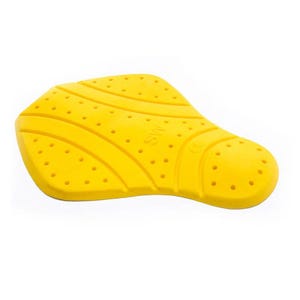 May include: Bright yellow protective armor pad with multiple ventilation holes. The pad has a curved shape and is designed to fit the body's contours. The surface has a textured appearance and the letters "MS" are visible.