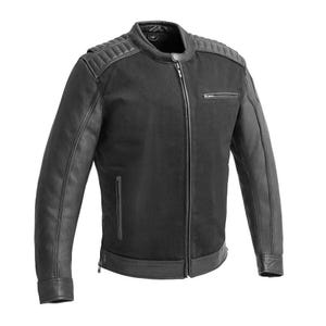 May include: Black motorcycle jacket with a quilted shoulder design and leather sleeves. The jacket has a zip-up front, a small chest pocket, and a stand-up collar. The jacket is made of a combination of materials, including leather and a textured fabric.