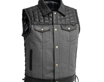 Chaleco de motociclista Iron Nomad para hombre, color gris, de lona y cuero, estilo motero, hecho a mano, chaleco vintage resistente con hombros acolchados (Edición limitada).