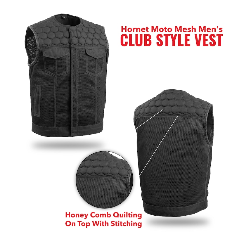 May include: Black club-style vest with a honeycomb quilted top and stitching. The vest has two front pockets and a mesh design. The text on the image reads "Hornet Moto Mesh Men's Club Style Vest" and "Honey Comb Quilting On Top With Stitching."