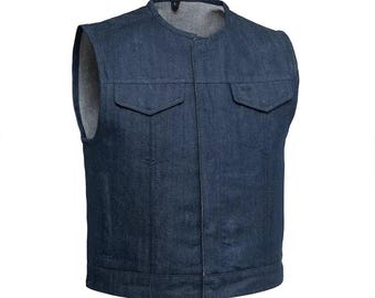Chaleco vaquero de moto para hombre Lowside (azul), chaleco vaquero, chaleco de mezclilla para hombre, chaleco vaquero vintage, chaleco vaquero de estilo urbano, conjunto vaquero informal