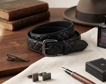 Diamond Quilted Full Grain Leather Belt - Handmade Men's Accessory - Leather Belt - Quilted Leather Belt - Gift for Wife -Black Leather belt