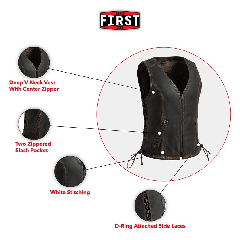 Pu&ograve; includere: Un gilet in pelle marrone con scollo a V profondo, cerniera centrale e due tasche oblique con cerniera. Presenta cuciture bianche e lacci laterali con anello a D. Il gilet ha una finitura invecchiata e il testo "MFG FIRST CO" in alto.