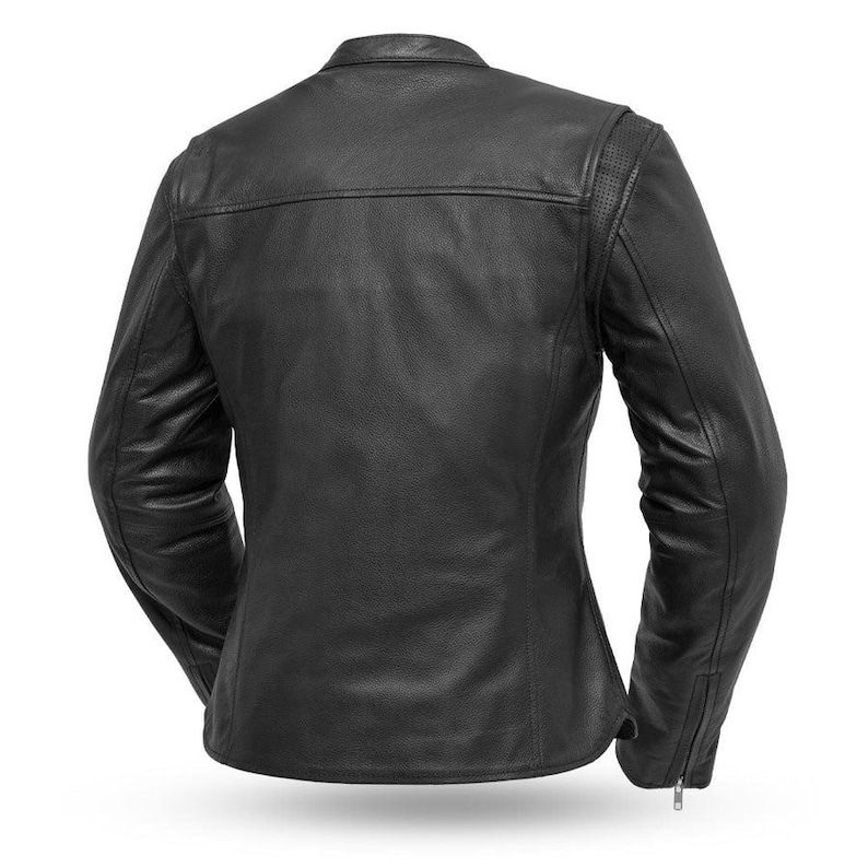 May include: Black leather jacket with a stand-up collar, a zippered front, and a tailored fit. The back of the jacket features a horizontal seam across the upper back and perforated detailing on the shoulders. A classic motorcycle-style jacket.