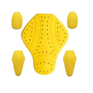 May include: A collection of yellow motorcycle armour pads, including a back protector and knee/elbow pads. The back protector is a large, contoured piece with ventilation holes. The smaller pads are for joint protection.