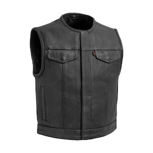 May include: Black leather vest with a round collar and two chest pockets. The vest has a front closure and a small red tag on the right chest pocket. The vest is sleeveless and has a medium size.