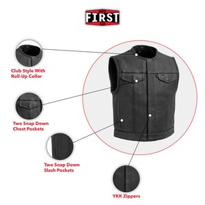 May include: Black leather vest with a club-style roll-up collar, two snap-down chest pockets, and two snap-down slash pockets. Features YKK zippers. The vest has the "MFG FIRST CO" logo at the top.