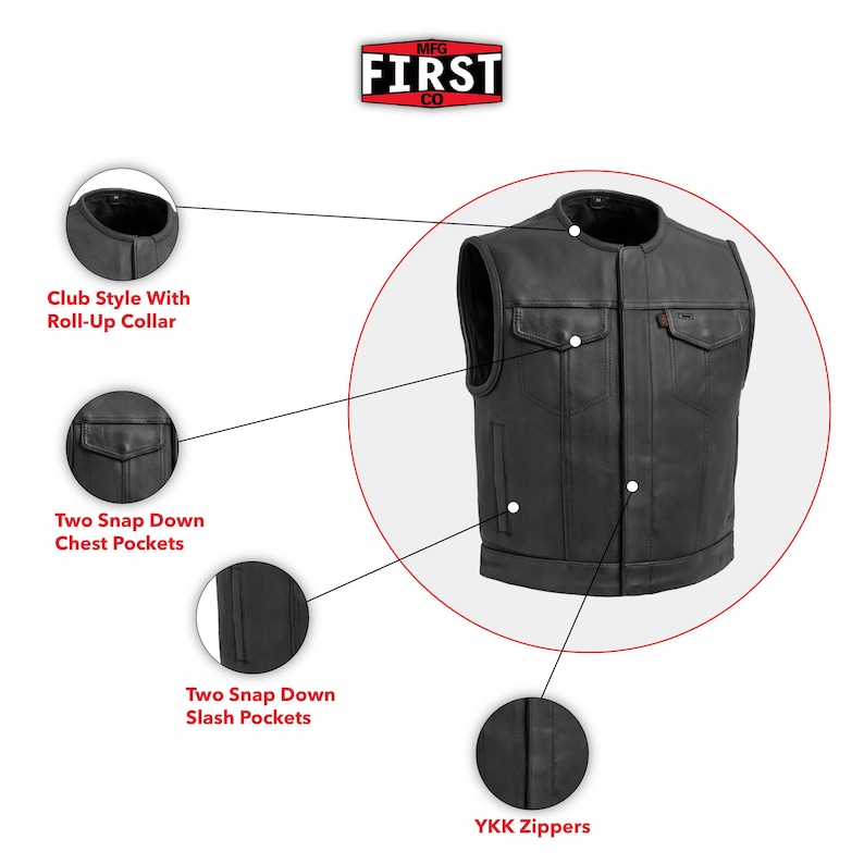 May include: Black leather vest with a club-style roll-up collar, two snap-down chest pockets, and two snap-down slash pockets. Features YKK zippers. The vest has the "MFG FIRST CO" logo at the top.